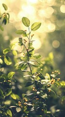 Obraz premium Sunlight filters through foliage highlighting vibrant green leaves and budding flowers in a tranquil forest setting