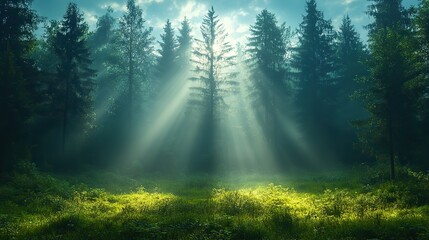 Obraz premium Sunlight pierces morning fog, mysterious forest, ethereal atmosphere.
