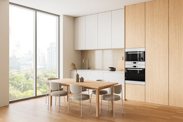 Modern kitchen with dining area and city view. 3D Rendering