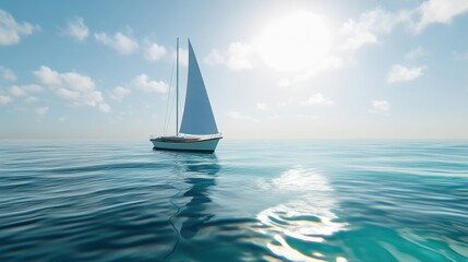 Obraz premium Solitary sailboat on calm, turquoise ocean under a bright sun