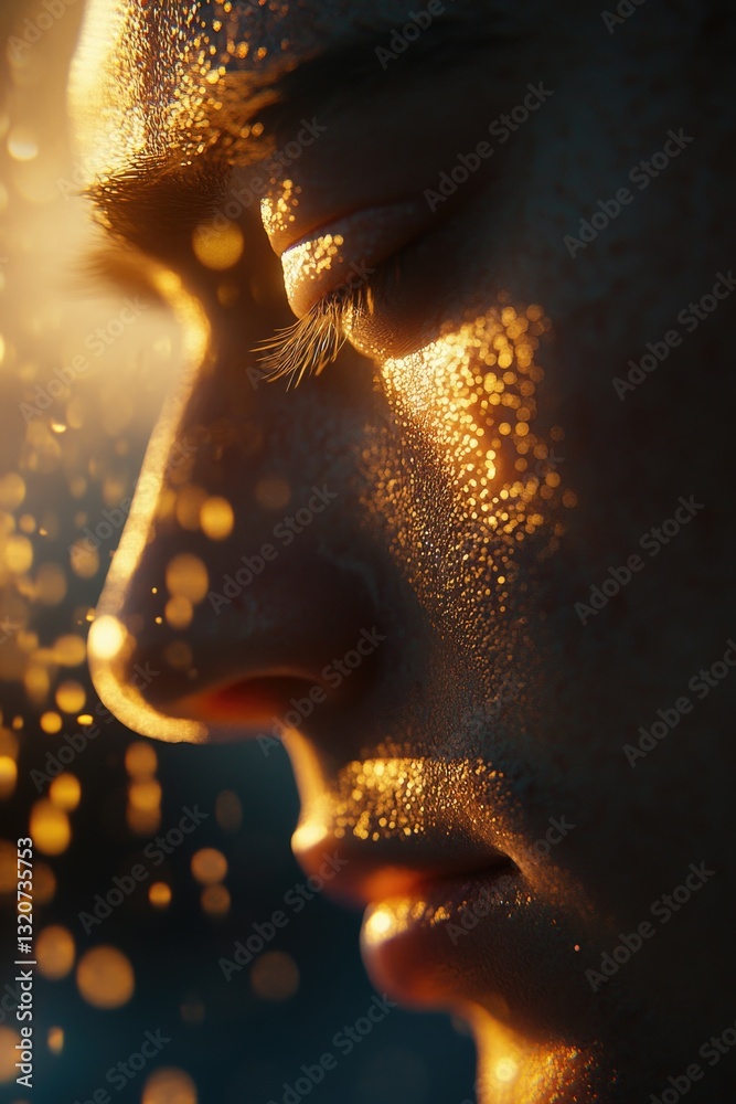 Poster a person's face with water droplets, suitable for use in scenarios where moisture or condensation is