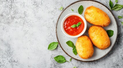 Delicious fried mozzarella cheese with marinara sauce served on a plate with fresh basil leaves