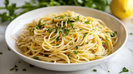 Delicious Italian spaghetti aglio e olio in white bowl lemon and parsley garnish culinary delight light background food photography