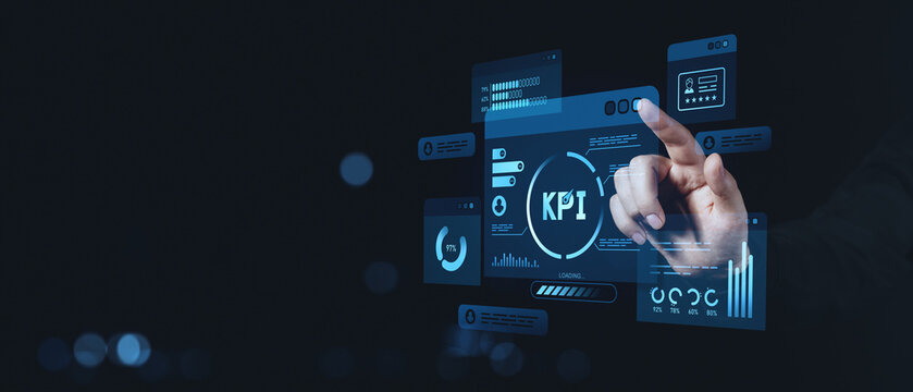 Hand interacting with KPI dashboard interface.