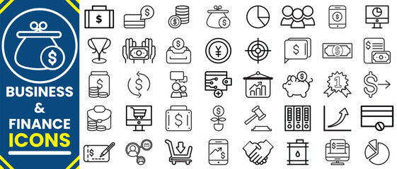  Business and Finance line  icons collection. Money, bank, contact, infographic, cash, saving, profit, budget, mutual fund, earning money and revenue icons.Finance icon set. Vector illustration.