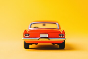 A small toy car sits on a vibrant yellow background surface