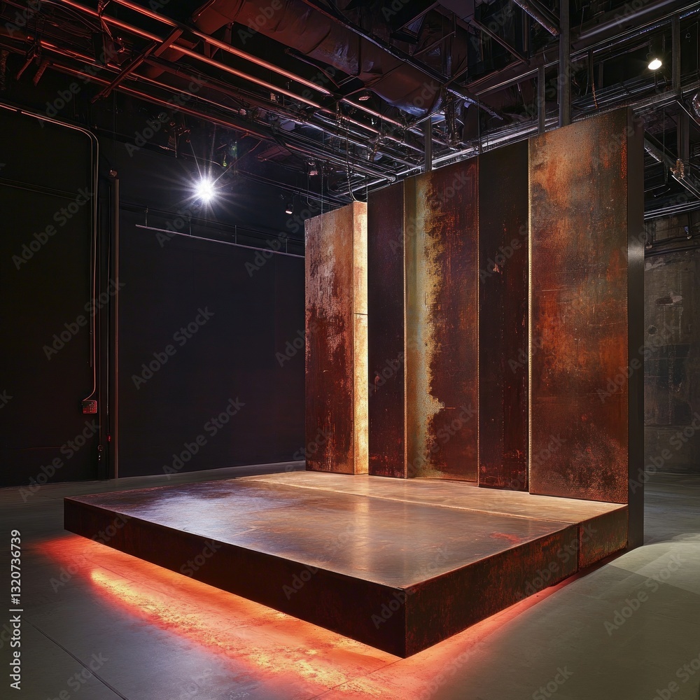 Poster abstract industrial set design with rusted metal panels and elevated platform on dark stage with red