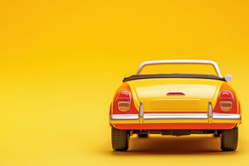 A vibrant toy convertible car placed on a yellow background