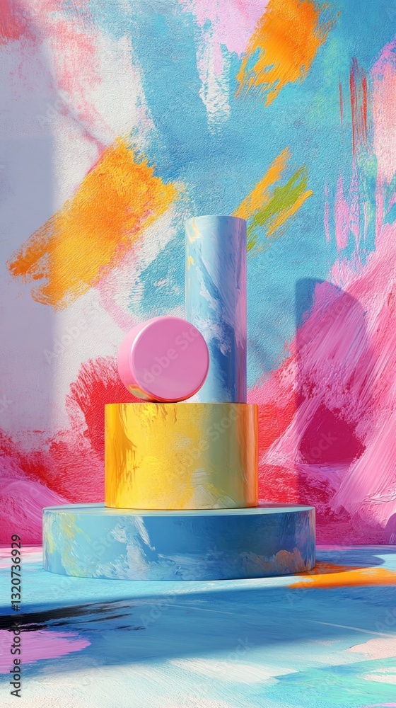 Poster vibrant abstract geometric composition with bold brush strokes and cylindrical elements for modern d