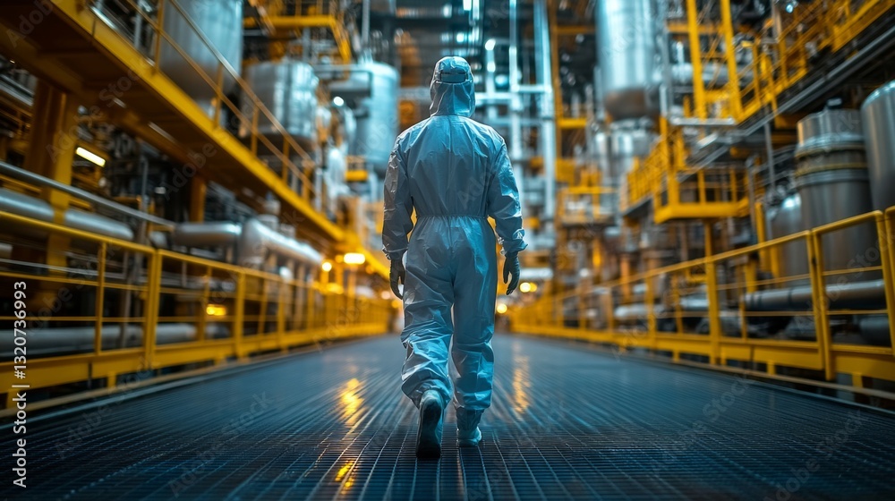 Poster a worker in a protective suit walks through a bustling petrochemical refinery filled with towering e