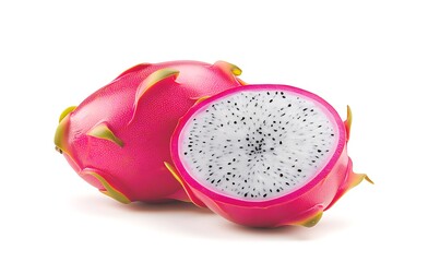 Vibrant dragon fruit sliced to show its white, seed-speckled interior against a clean background.