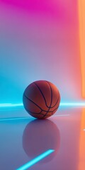 Obraz premium Orange Basketball on Reflective Surface with Neon Pink and Blue Lighting