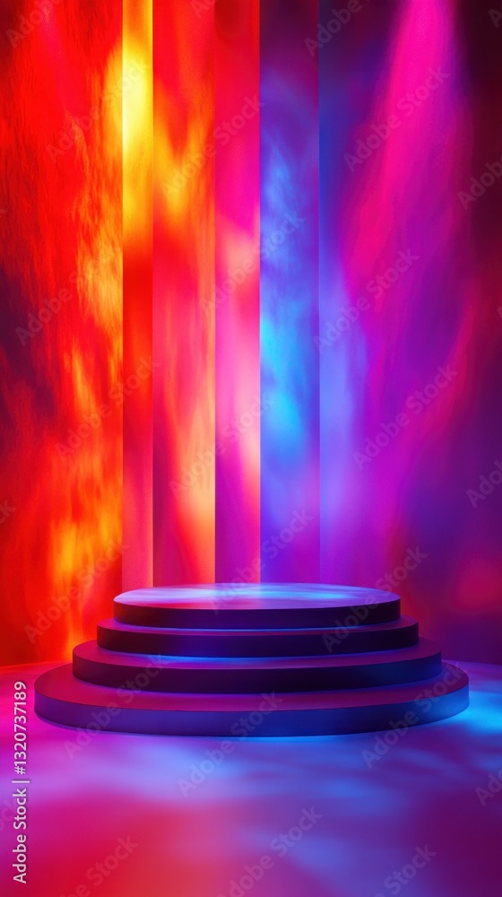 Poster Vivid stage of platforms with fiery background and smooth reflections digital art concept backdrop for abstract digital design