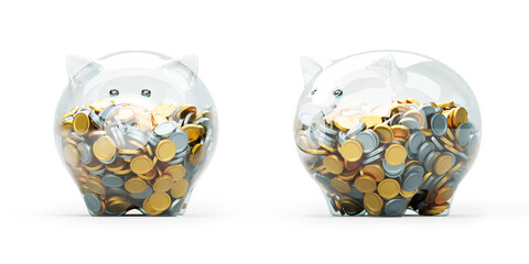 Transparent piggy banks filled with gold and silver coins. 3D Rendering