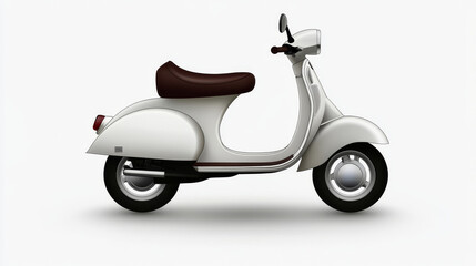 Vintage silver scooter featuring brown leather seat, showcasing sleek minimalist design against pristine white backdrop