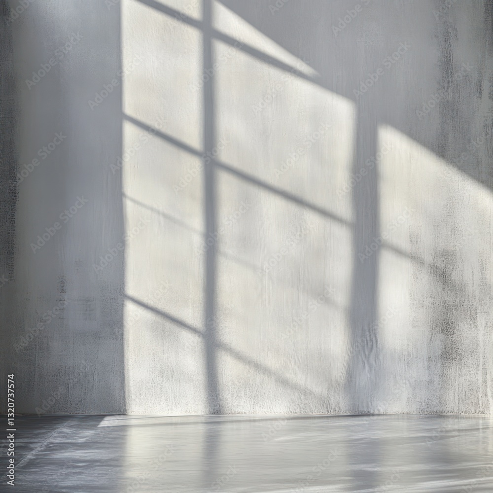 Fototapete Sunlight streaming through a window creating an abstract shadow on white interior wall enhancing the elegant and natural ambience