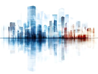 Obraz premium Urban skyscrapers reflected in water cityscape digital art futuristic setting aerial view modern city concept