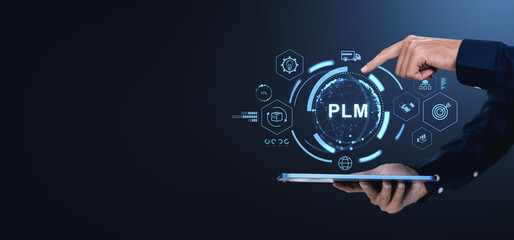 Hand interacting with PLM interface on tablet.