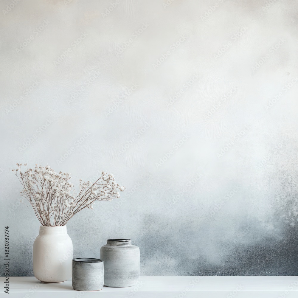 Poster elegant vase arrangement with dried flowers and modern pottery against a soft textured backdrop