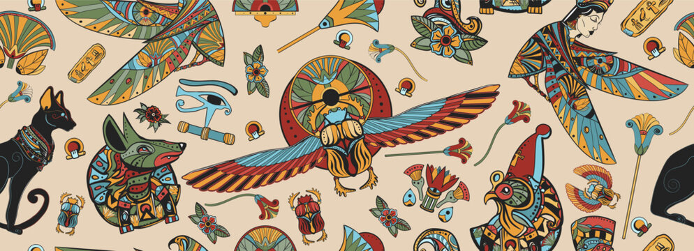 Ancient Egypt pattern. Egyptian culture background. Sacred scarab. Horus falcon, pyramids, magic eye, ethnic ornaments. Old school tattoo style