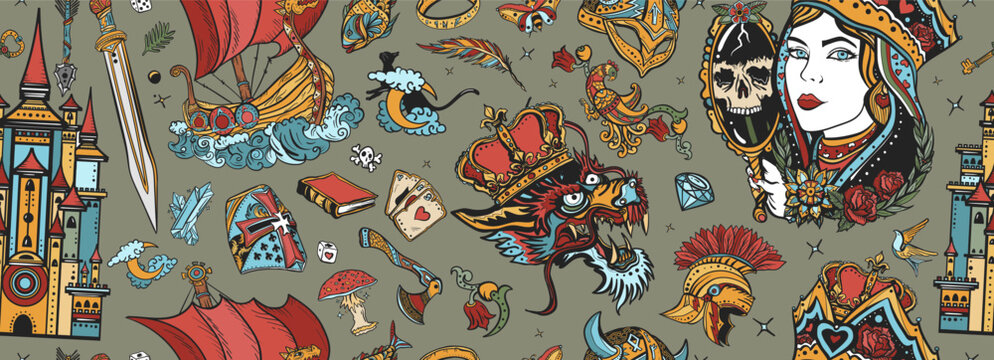 Fairy tales seamless pattern. Fantasy tattooing style background. Queen in the golden crown, dragon, knight, old castle. Middle Ages magic legends art