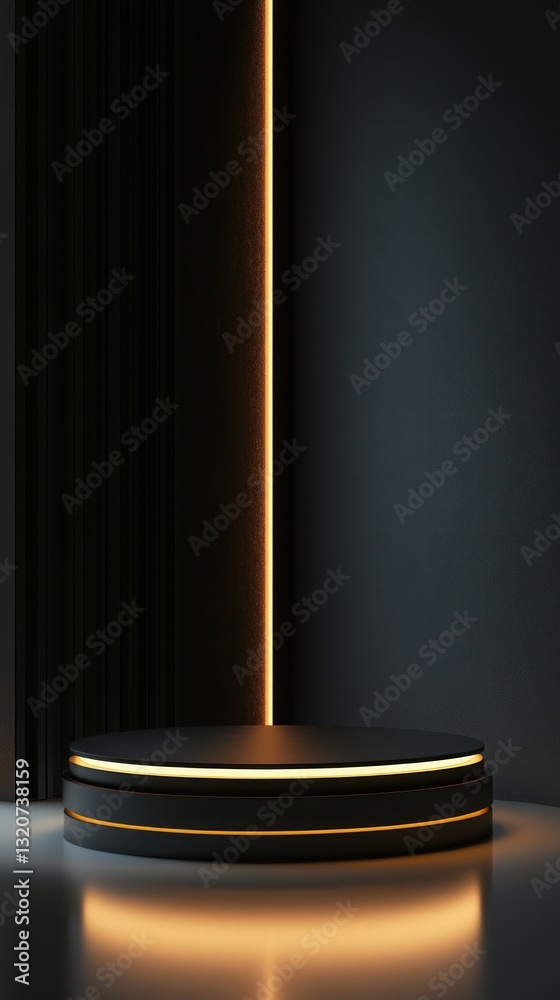 Poster elegant black display podium with golden neon accents stylish product showcase platform design