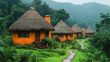 Thatched roof houses in a green jungle, nature and human settlement coexist.