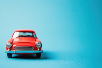 Fototapeta premium A small red toy car sits against a turquoise background