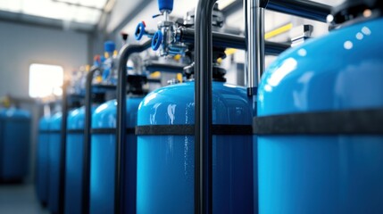 Row of shiny blue industrial gas cylinders in a facility
