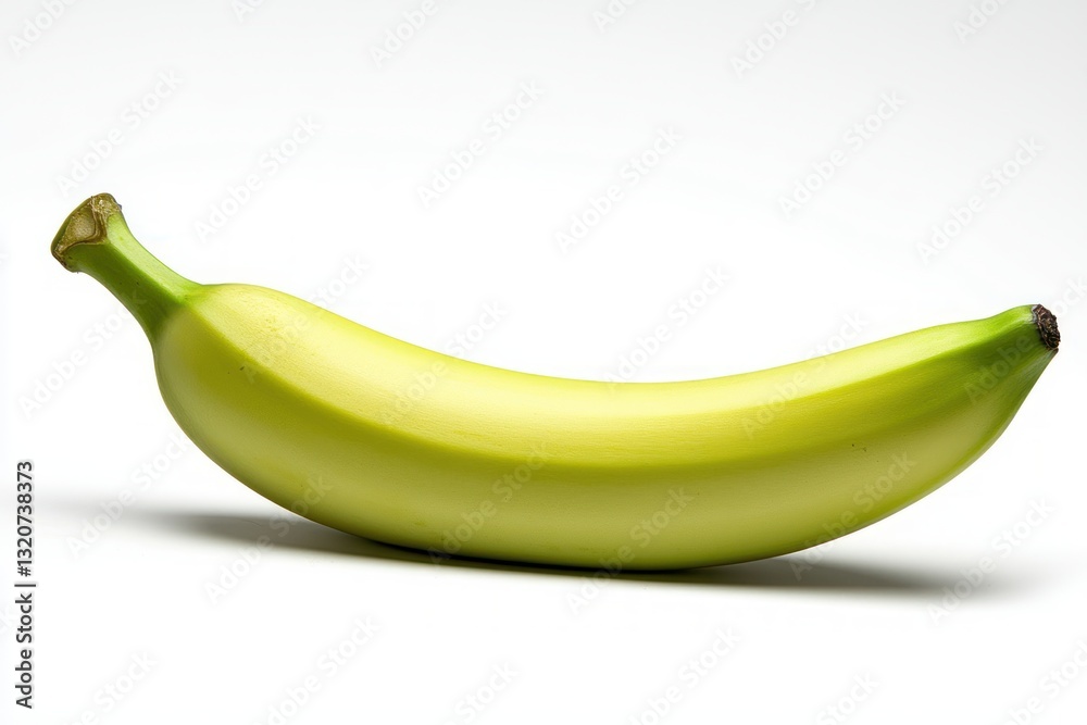 Poster studio shot of a light green banana showcasing its vibrant color and smooth texture against a pure w