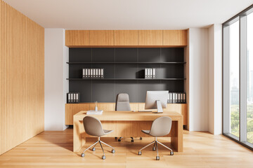 Modern office interior with wooden desk and chairs. 3D Rendering