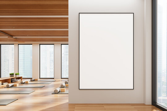 Blank poster mockup in modern yoga studio interior. 3D Rendering