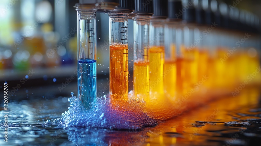 Fototapete brightly colored liquids bubble in laboratory test tubes, illustrating chemical reactions involved i