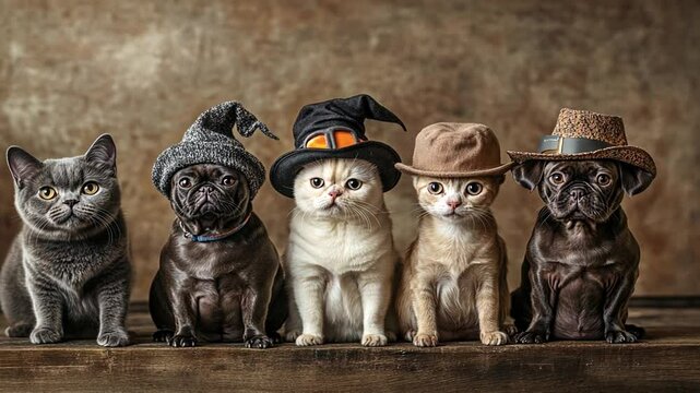 Adorable cats and dogs wearing hats, sitting in a row for a funny studio shot