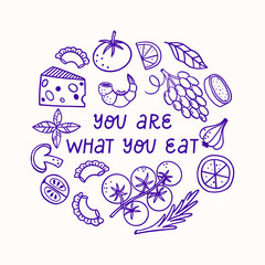 Hand drawn set of Italian cuisine products. Handwritten phrase.