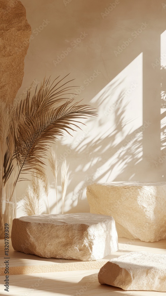Poster minimalist stone podium display with palm leaf and natural light for product showcase and beauty dis