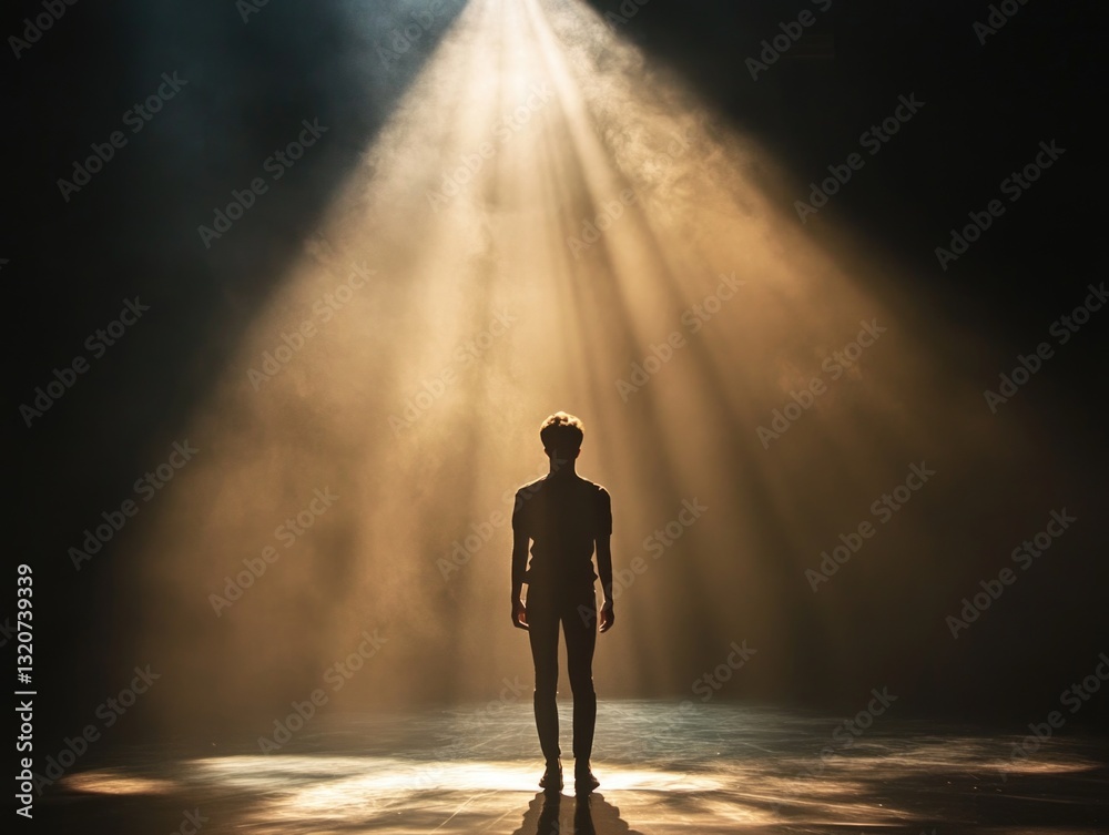 Poster a person standing on a stage with a spotlight shining down