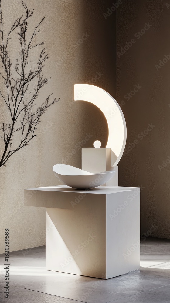 Poster elegant still life with geometric forms white bowl and architectural accent against minimalist backd