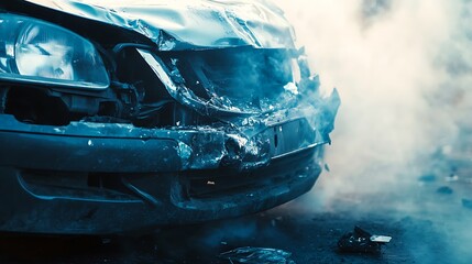 Severely Damaged Car After Accident Emits Smoke