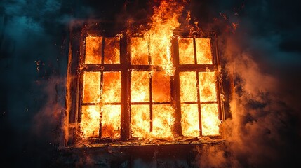 Fototapeta premium Thick smoke, flying debris, and flames engulfing a burning building's window illustrate fire's destructive power and house fire danger.