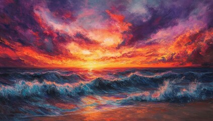 Dramatic sunset over turbulent ocean waves, vibrant colors