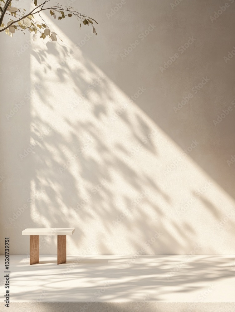Poster elegant interior with sunlit wall minimal bench and delicate foliage creating a serene and stylish a