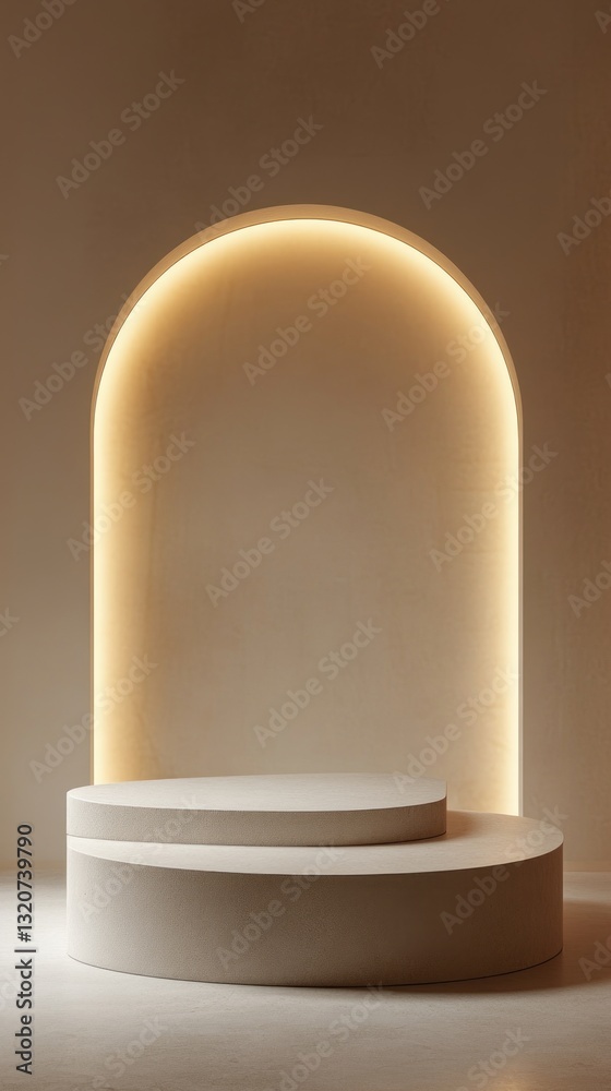 Aufkleber Serene beige backdrop with illuminated archway and cylindrical podium ideal for product display and minimalist design