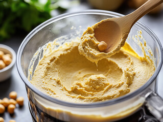 Freshly made hummus is being scooped from a food processor with a wooden spoon