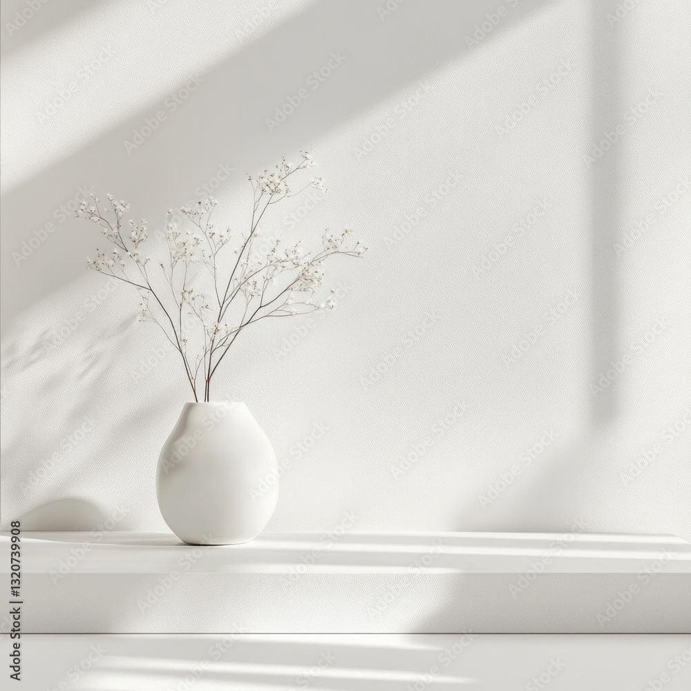 Poster serene still life with gypsophila in vase on minimalist shelf white palette and soft shadow play int