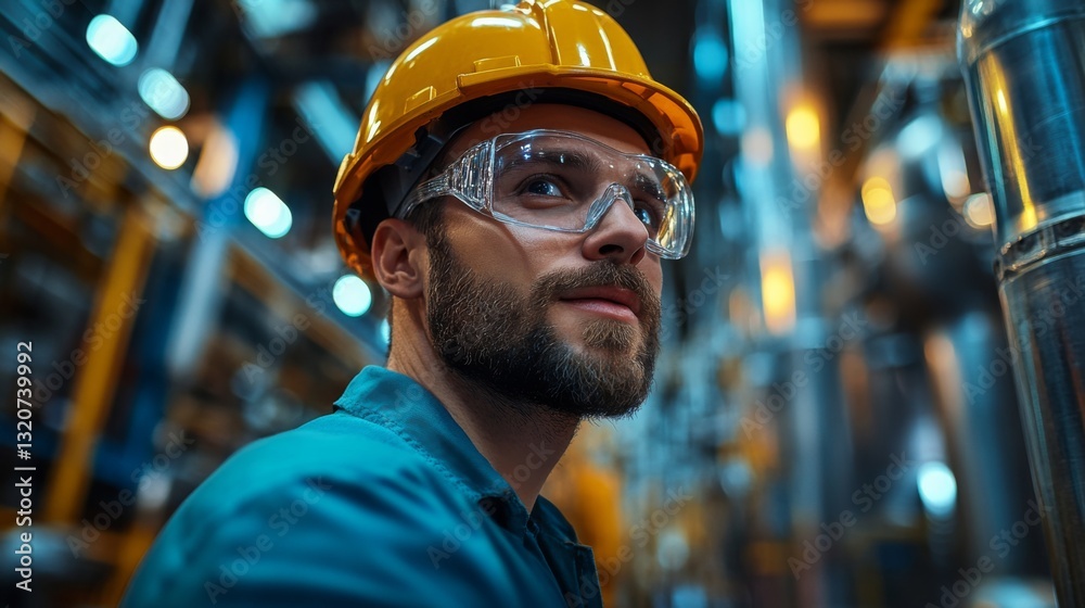 Poster A skilled worker in a refinery is wearing safety gear, showing focus while monitoring the automated processes involved in petrochemical synthesis and processing operations.