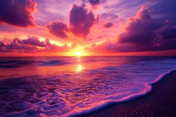 Dramatic sunset over vibrant ocean waves