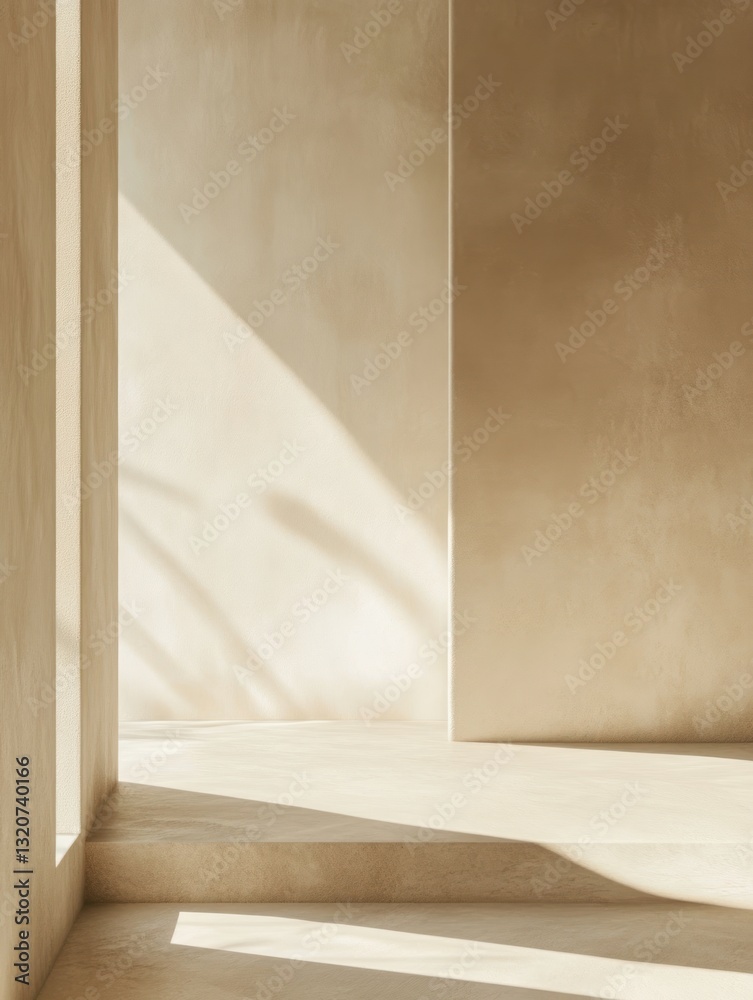 Poster warm beige interior backdrop with serene light casting soft shadows elegant minimal aesthetic