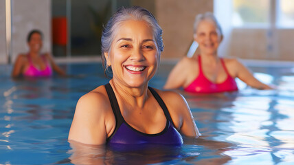 Obraz premium Senior woman enjoying water aerobics, radiating joy while exercising with peers, embodying vibrant active aging wellness