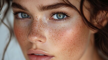 Fototapeta premium Touching skin near her eye, a Caucasian woman showcases healthy skin with freckles, highlighting good eyesight and vision care.